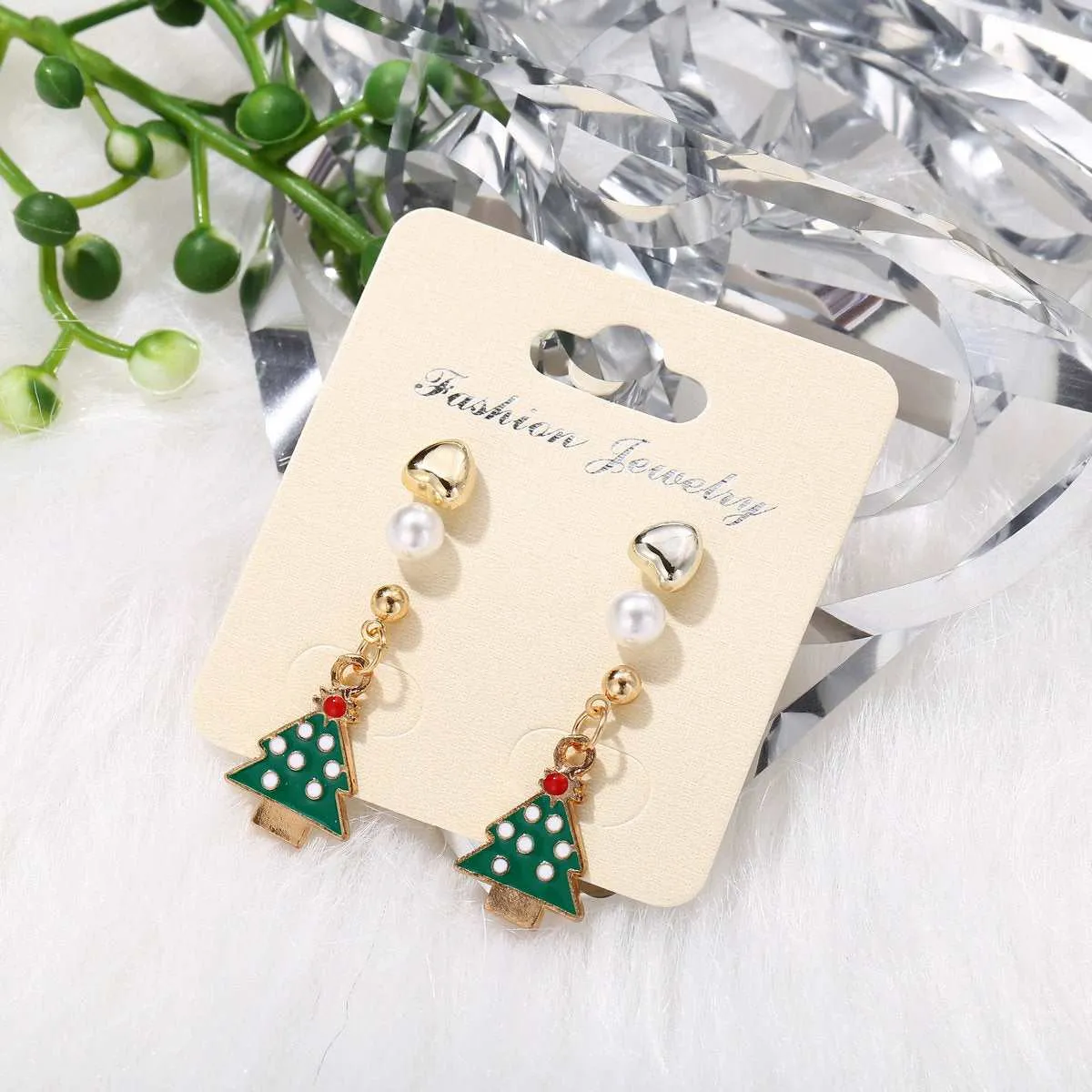 Pearl & Enamel Goldtone Christmas Tree Earring Set sold by Zulily product image thumbnail 3