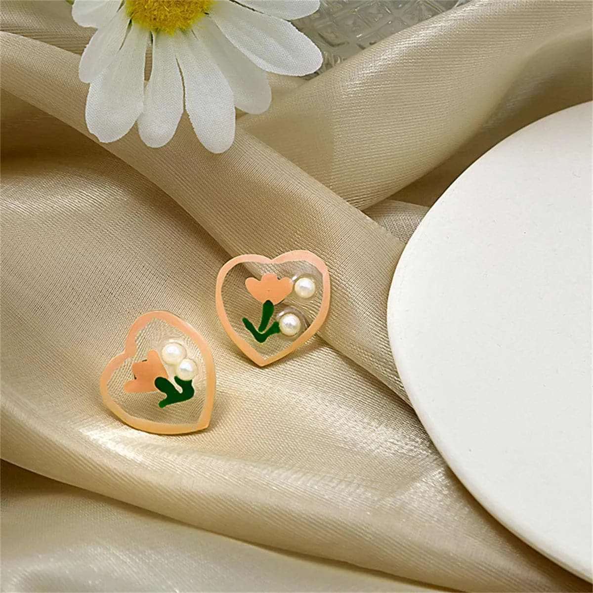 Pearl & Pink Tulip Heart Stud Earrings sold by Zulily product image thumbnail 3