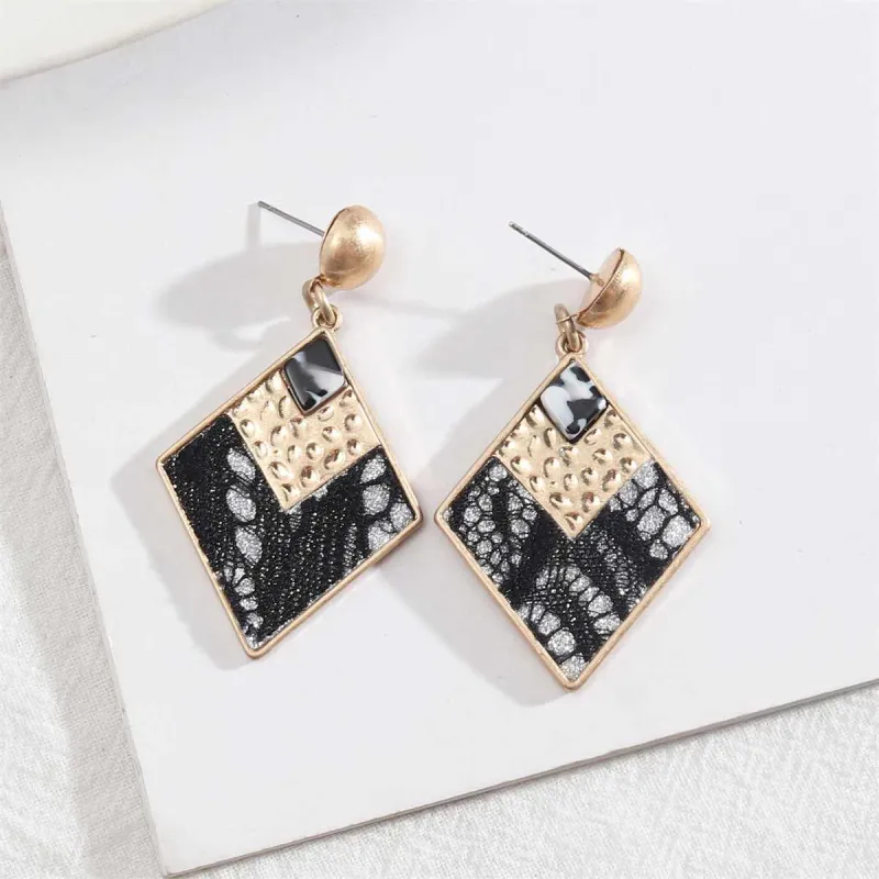 Black Polystyrene & Goldtone Leopard Rhombus Drop Earrings made by Zulily