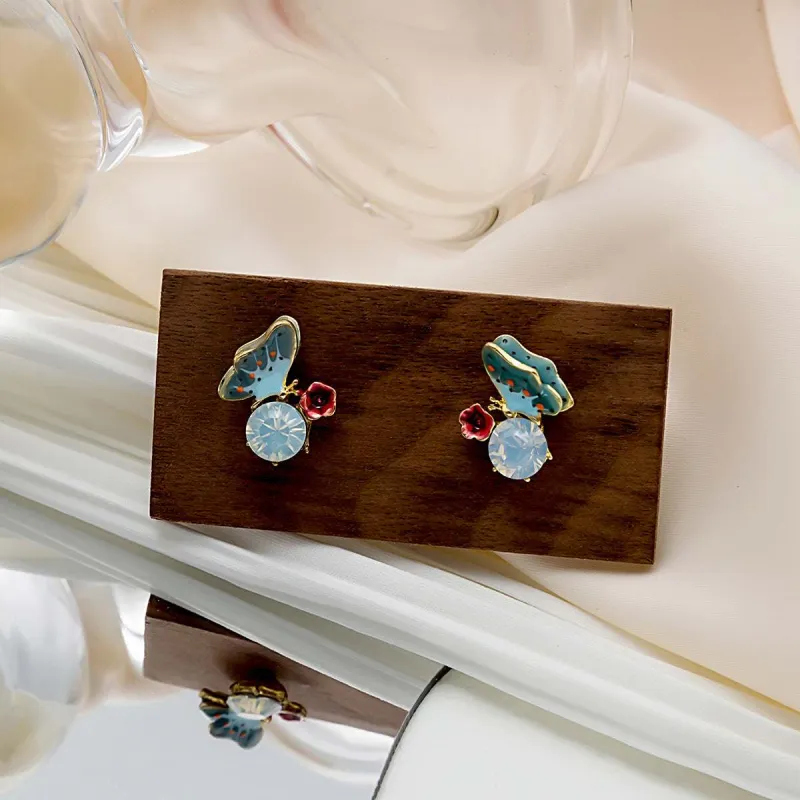 Cubic Zirconia & Blue Enamel Goldtone Floral Butterfly Stud Earrings made by Zulily