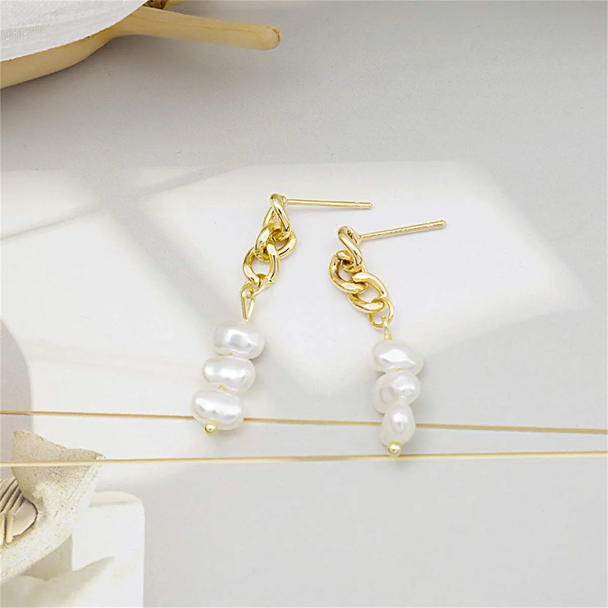 Pearl & Goldtone Stacked Cable Chain Drop Earrings sold by Zulily product image thumbnail 2
