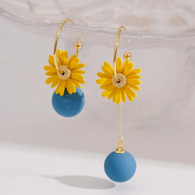 Yellow Enamel & Goldtone Mum Mismatching Drop Earrings made by Zulily