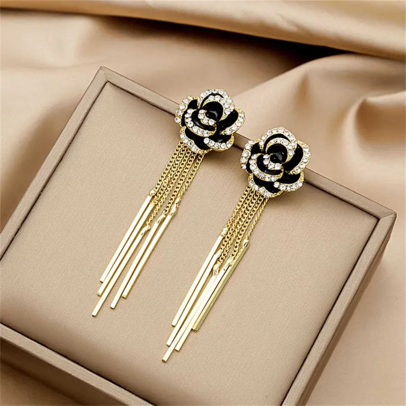 Cubic Zirconia & Black Enamel Goldtone Flower Tassel Drop Earrings made by Zulily