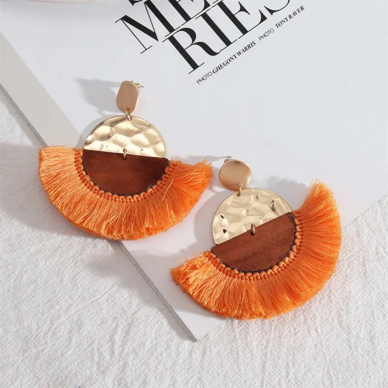 Orange Polyster & Wood Goldtone Fan Drop Earrings made by Zulily