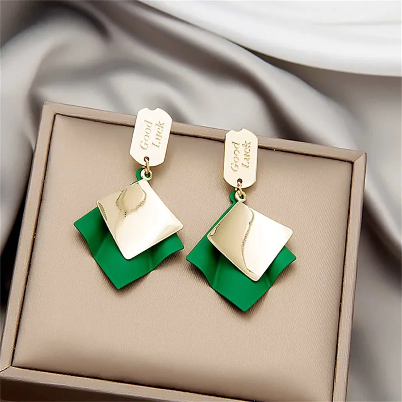Green Enamel & Goldtone 'Good Luck' Rhombus Drop Earrings made by Zulily