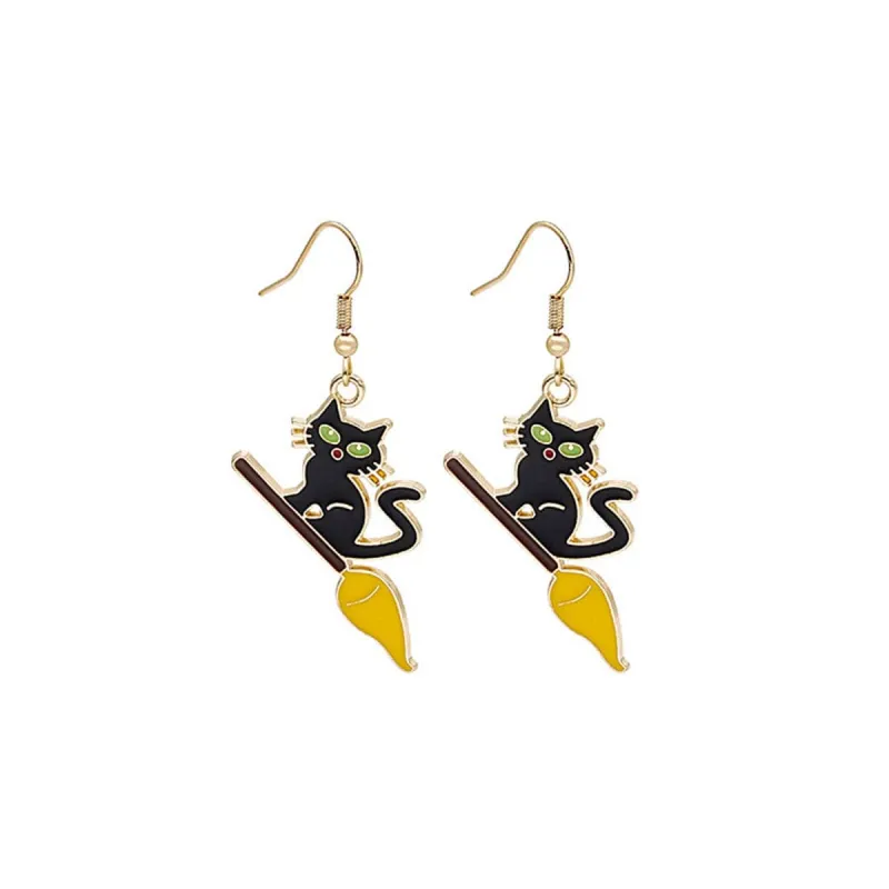 Green Enamel & Goldtone Broom Cat Drop Earrings made by Zulily
