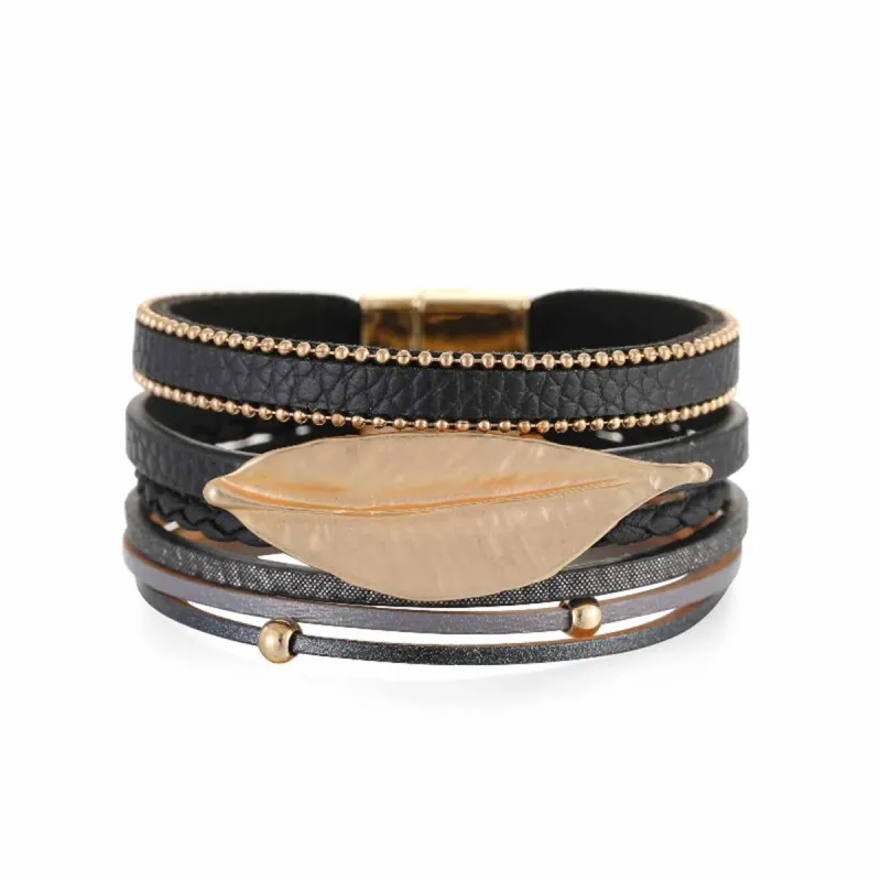 Black Polystyrene & Goldtone Bead Line Leaf-Charm Layered Bangle made by Zulily