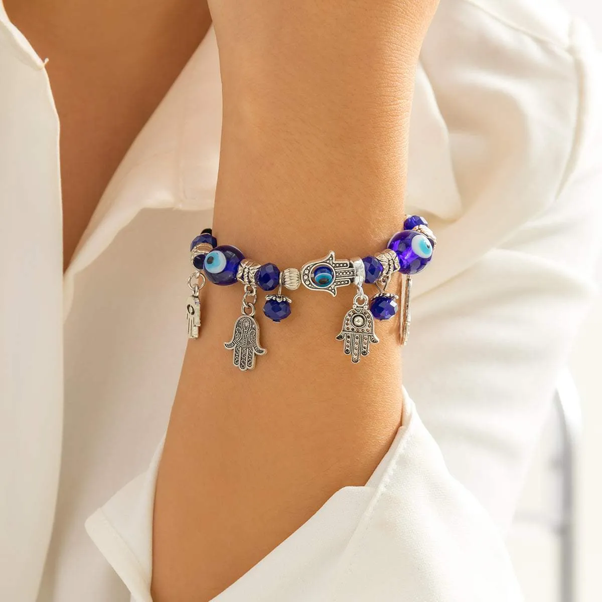 Blue Acrylic & Silvertone Hamsa Stretch Bracelet sold by Zulily product image thumbnail 2