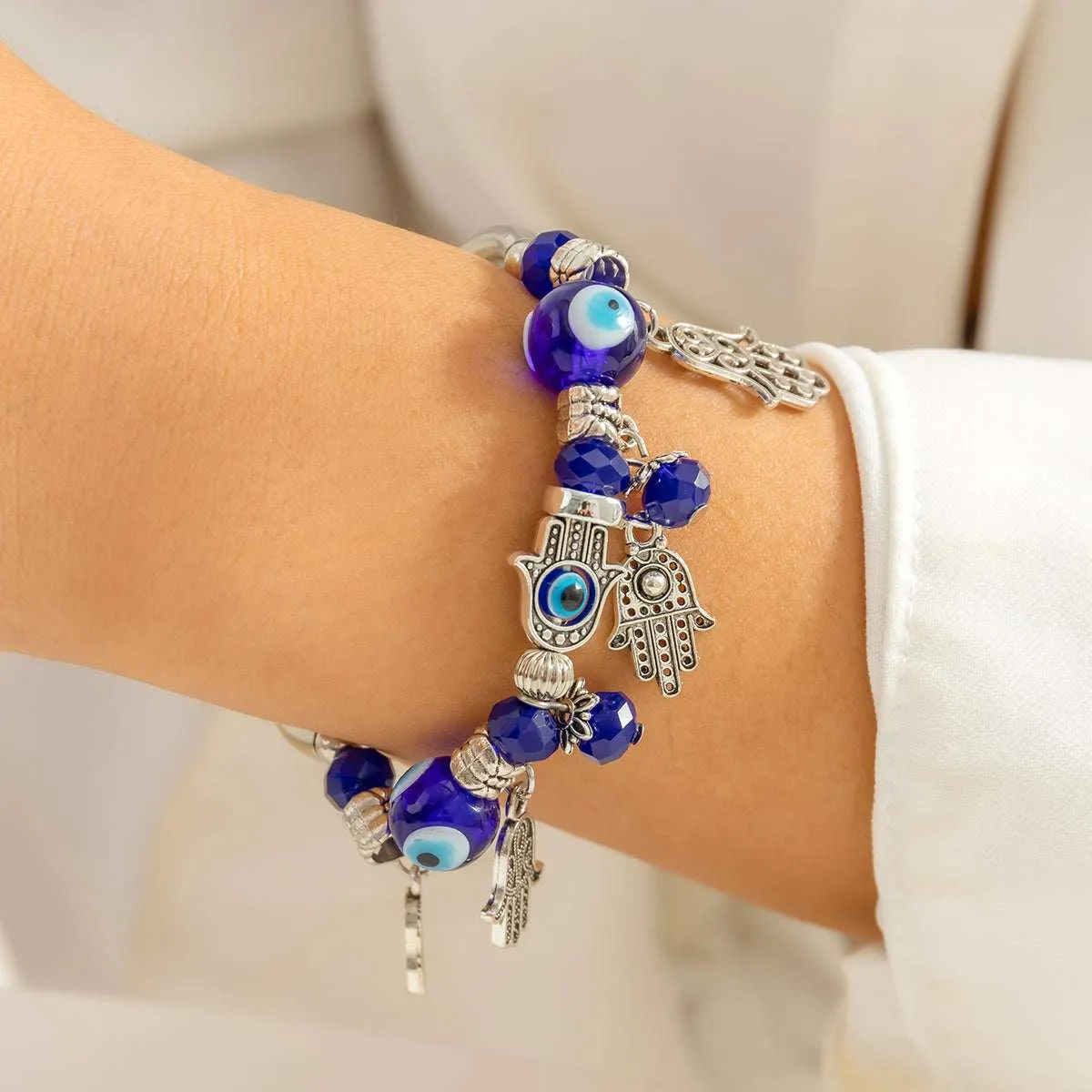 Blue Acrylic & Silvertone Hamsa Stretch Bracelet sold by Zulily product image thumbnail 3