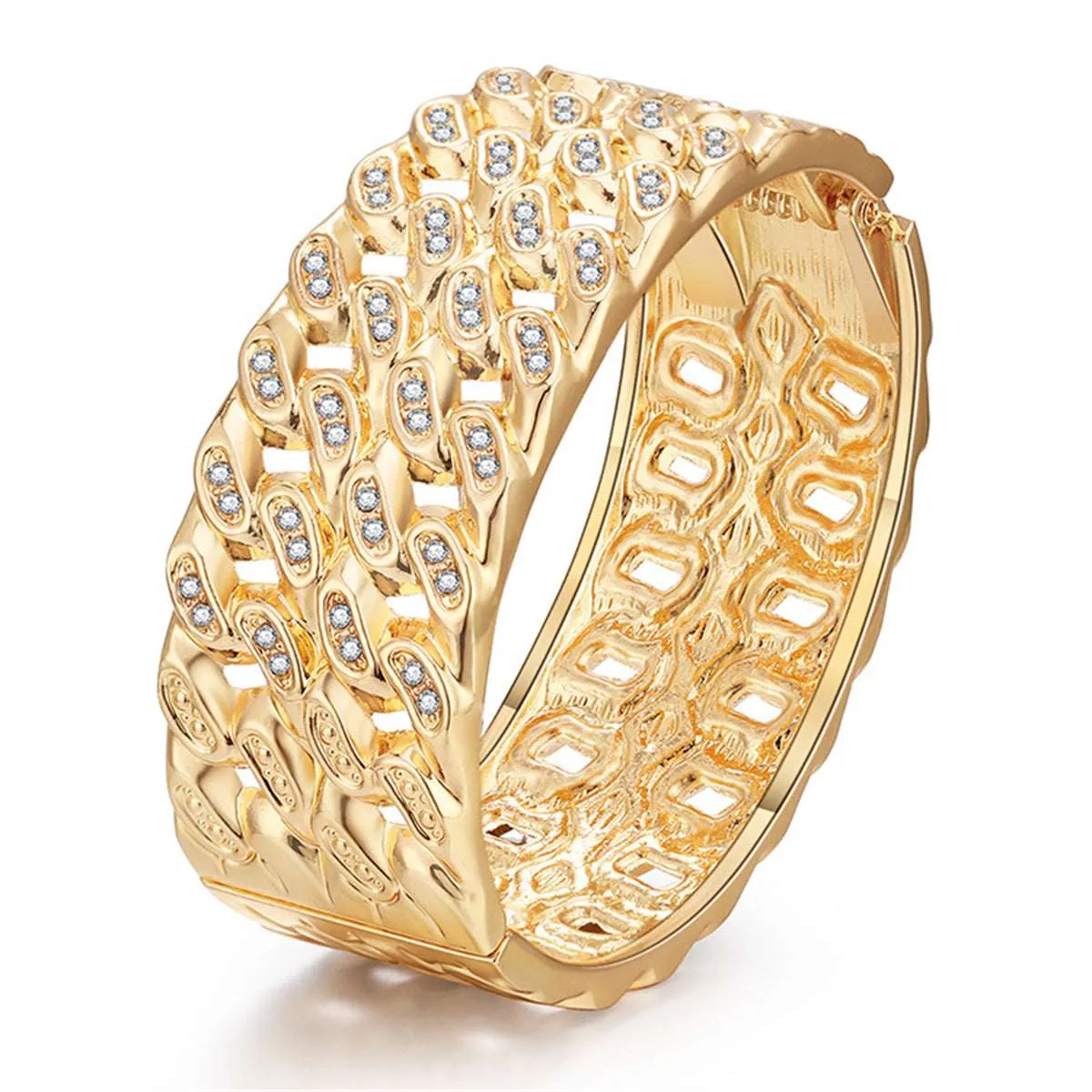 Cubic Zirconia & Goldtone Stacked Curb Chain Bangle sold by Zulily