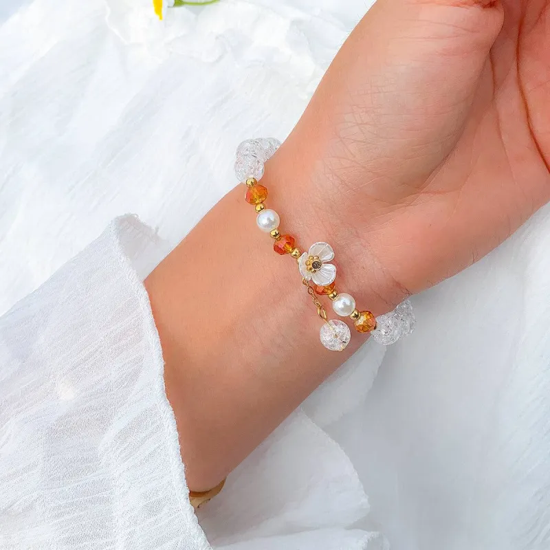 Yellow Acrylic & Pearl Goldtone Flower Beaded Stretch Bracelet made by Zulily