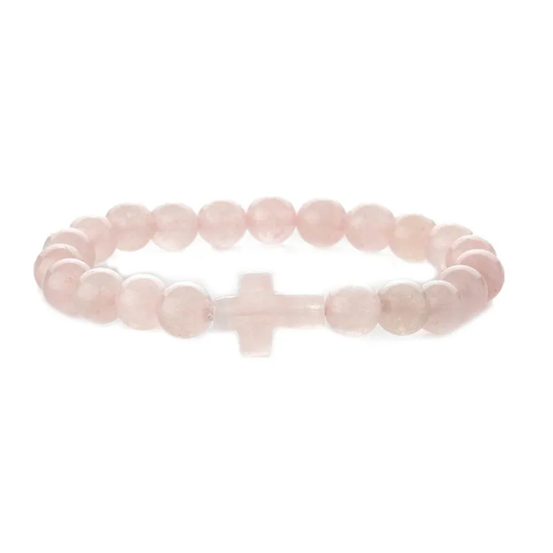 Pink Quartz Cross Charm Beaded Stretch Bracelet made by Zulily