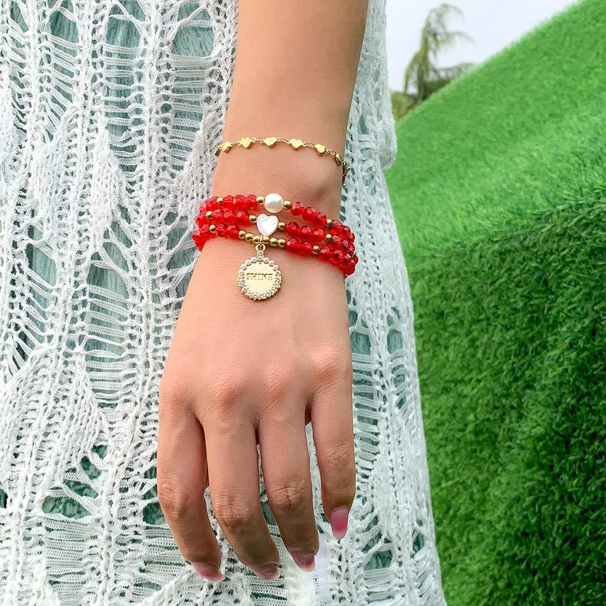 Red Crystal & Cubic Zirconia Pearl 'Shine' Charm Bracelet Set sold by Zulily product image thumbnail 3