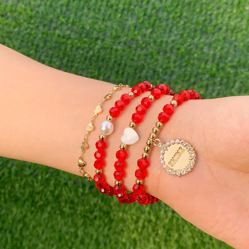 Red Crystal & Cubic Zirconia Pearl 'Shine' Charm Bracelet Set made by Zulily