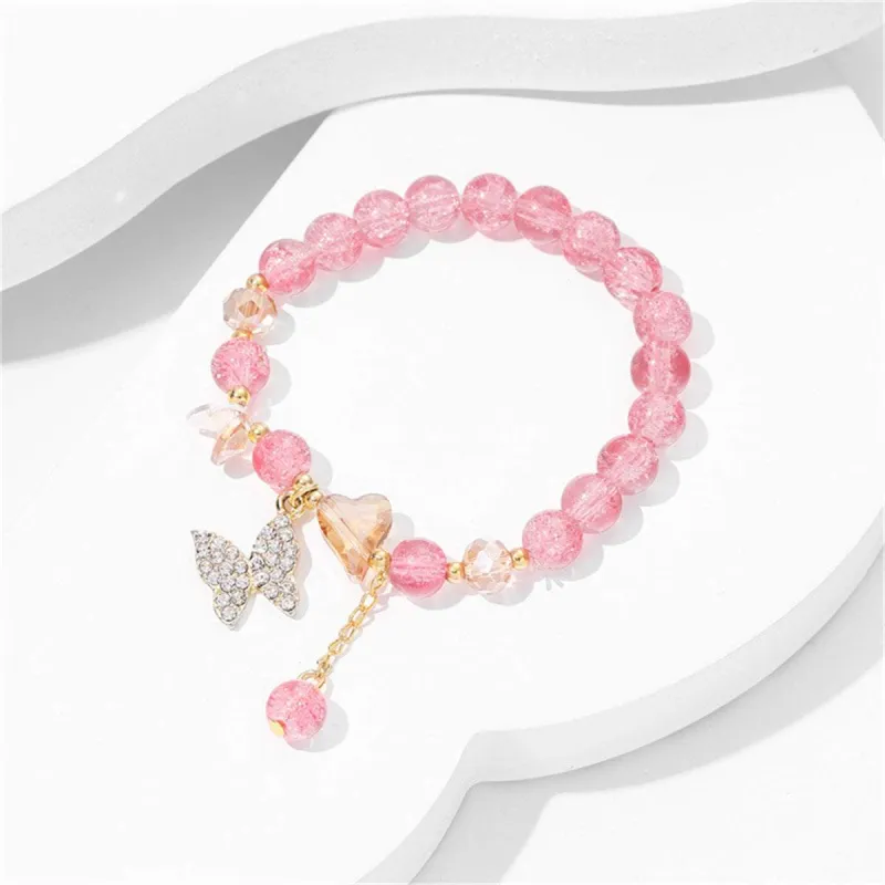Pink Crystal & Goldtone Heart Butterfly Beaded Stretch Bracelet made by Zulily