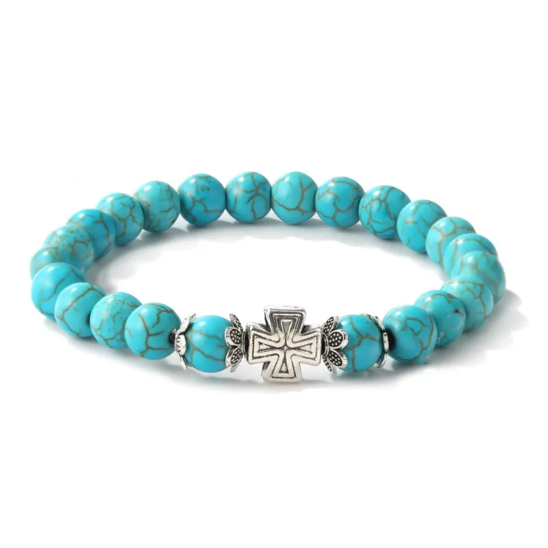 Turquoise & Silvertone Cross Charm Beaded Stretch Bracelet made by Zulily