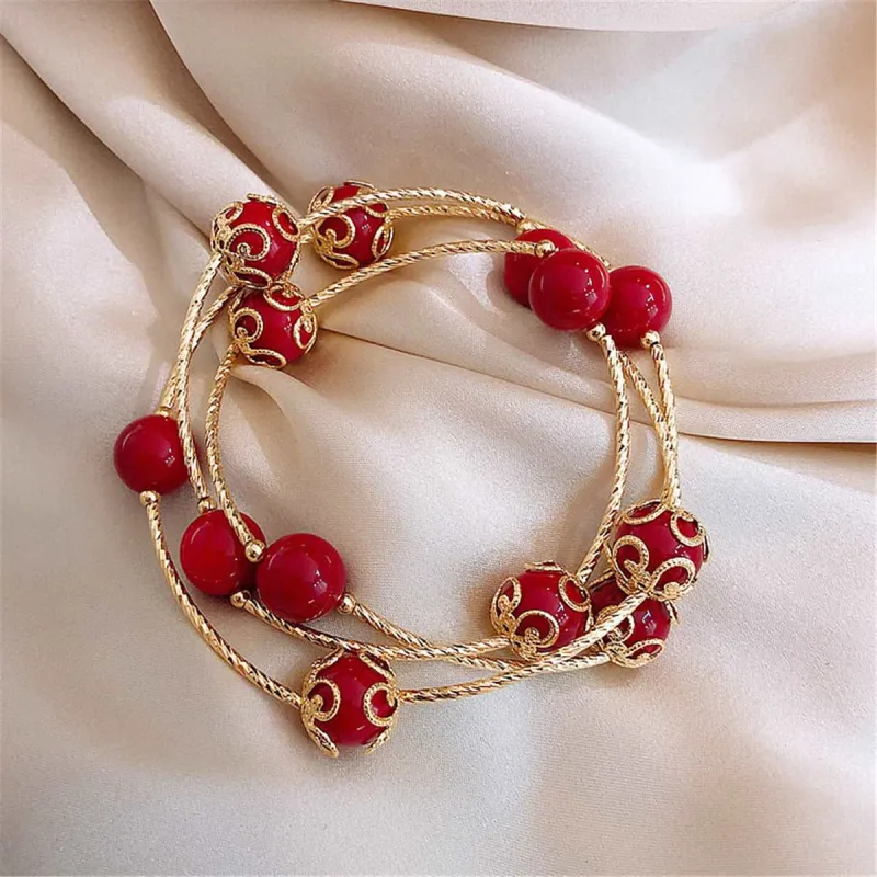 Red Pearl & Goldtone Floral Ball Station Bracelet made by Zulily