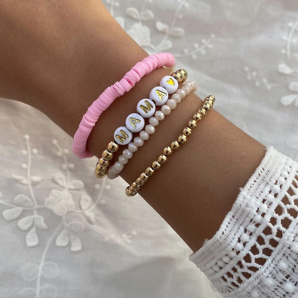 Pink Polymer Clay & Acrylic Goldtone 'Mama' Beaded Stretch Bracelet Set sold by Zulily product image thumbnail 2