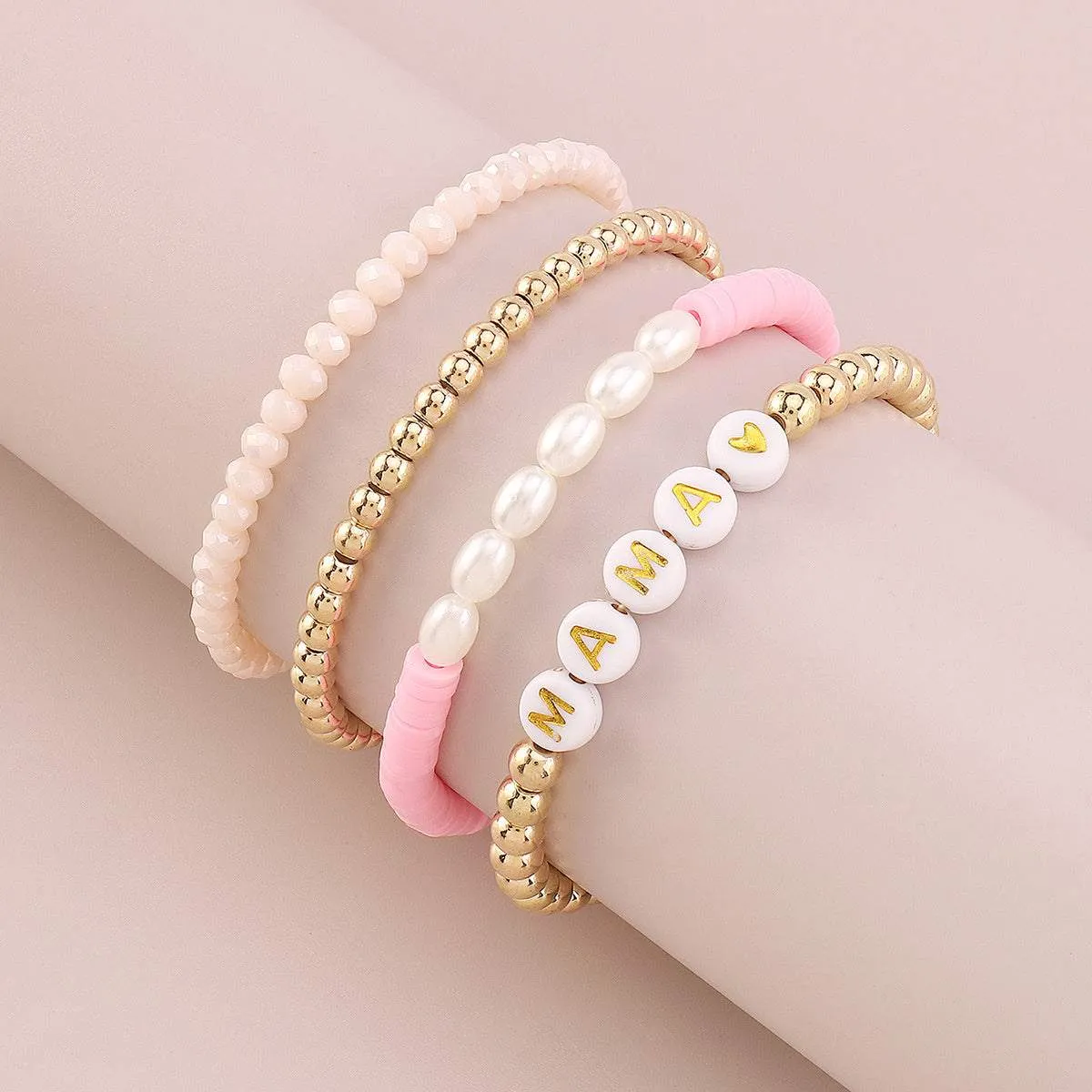 Pink Polymer Clay & Acrylic Goldtone 'Mama' Beaded Stretch Bracelet Set sold by Zulily product image thumbnail 3