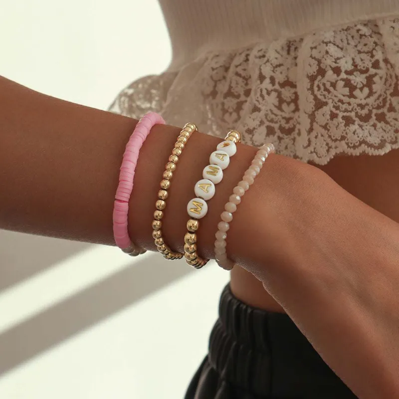 Pink Polymer Clay & Acrylic Goldtone 'Mama' Beaded Stretch Bracelet Set made by Zulily