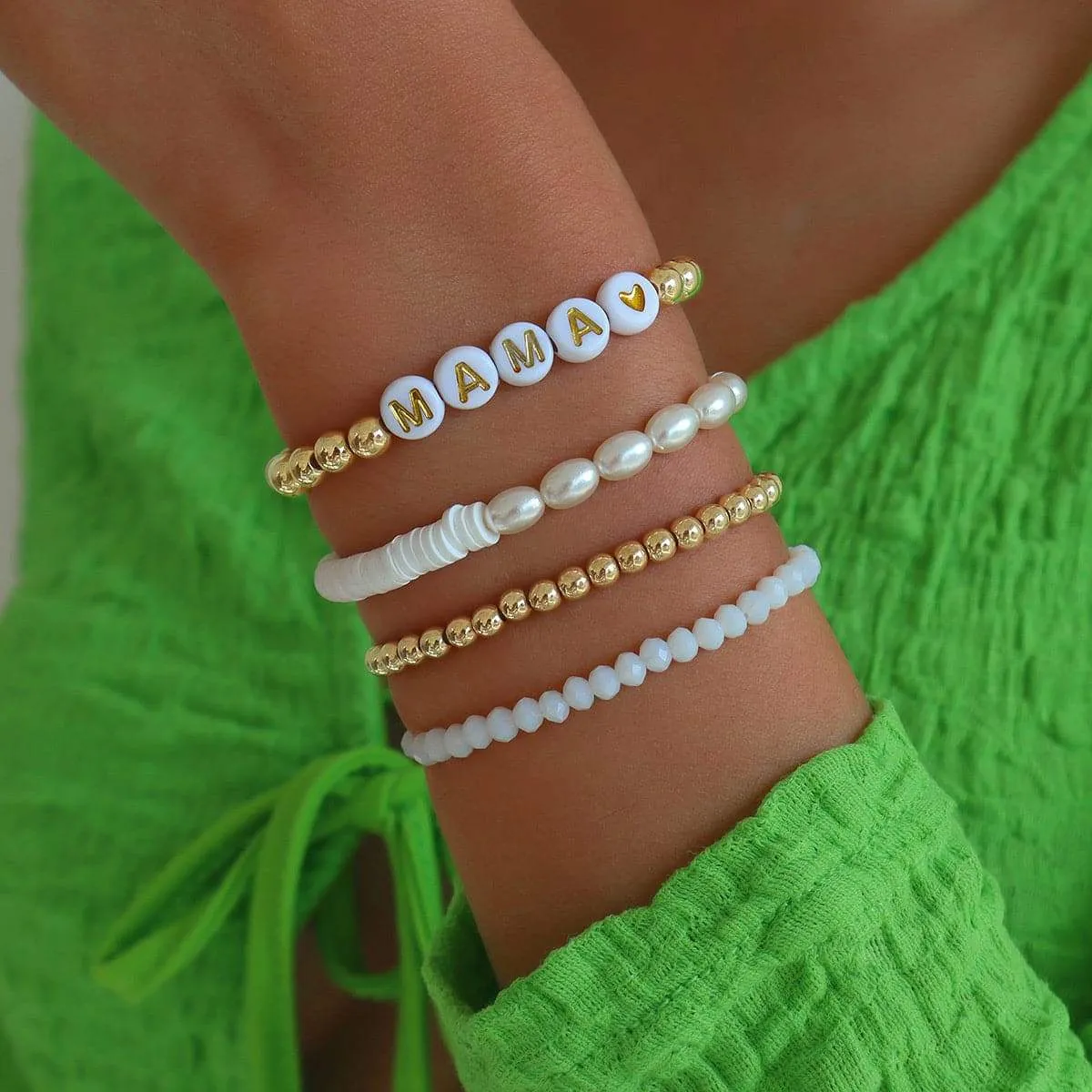 Pearl & Acrylic Goldtone 'Mama' Beaded Stretch Bracelet Set sold by Zulily product image thumbnail 3