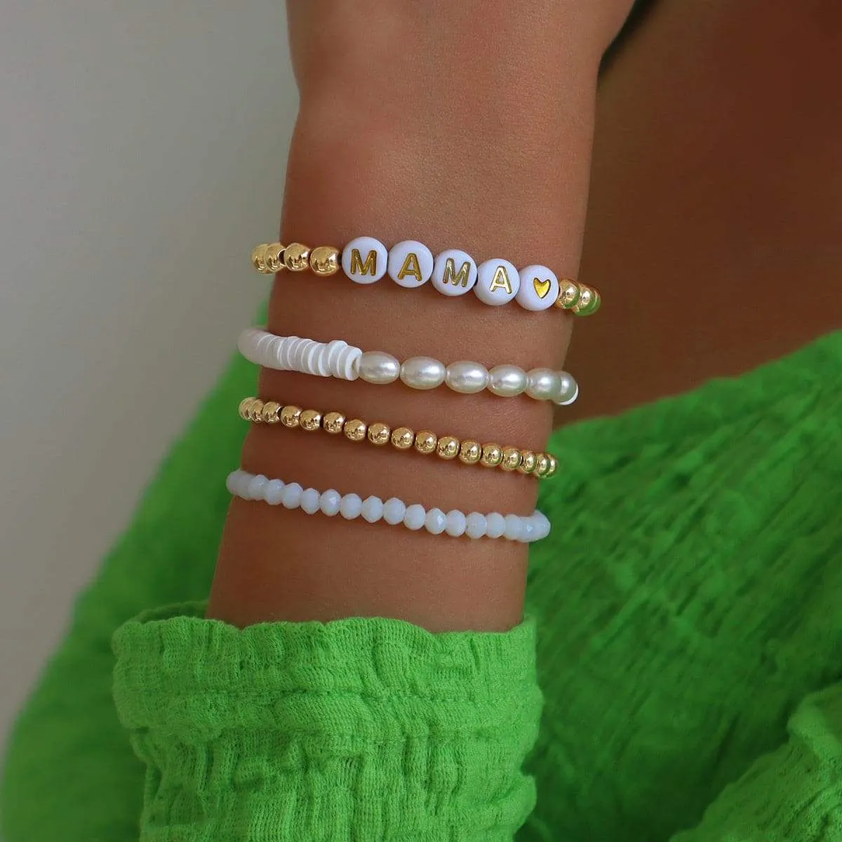Pearl & Acrylic Goldtone 'Mama' Beaded Stretch Bracelet Set sold by Zulily