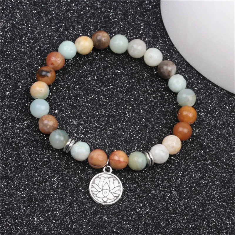 Earth-tone Agate & Silvertone Lotus Charm Beaded Stretch Bracelet made by Zulily