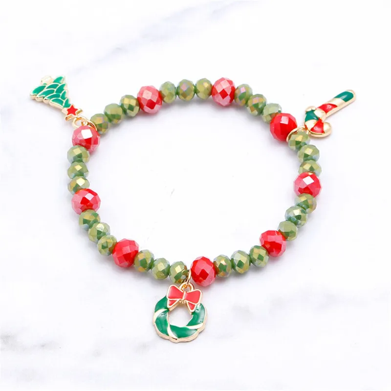 Green Enamel & Silvertone Beaded Christmas Tree & Bow Stretch Bracelet made by Zulily