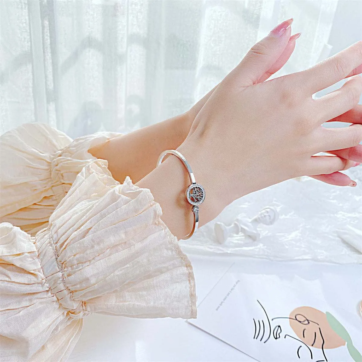 Cubic Zirconia & Silvertone Halo Life-Tree Hinge Bangle sold by Zulily product image thumbnail 3