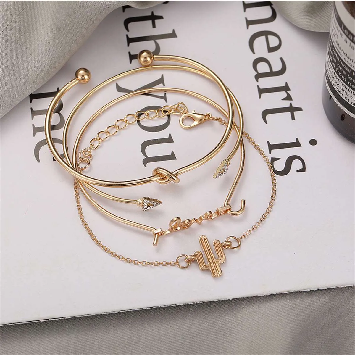 Cubic Zirconia & Goldtone 'LOVE' Cactus Charm Cuff Bracelet Set sold by Zulily product image thumbnail 3