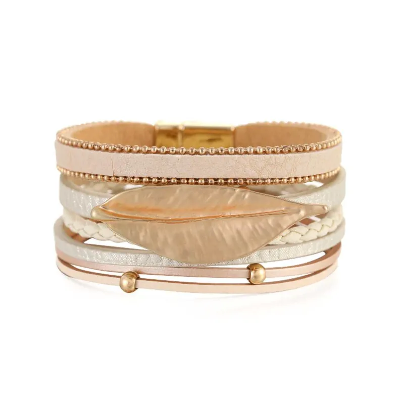 Coffee Polystyrene & Goldtone Bead Line Leaf-Charm Layered Bangle made by Zulily