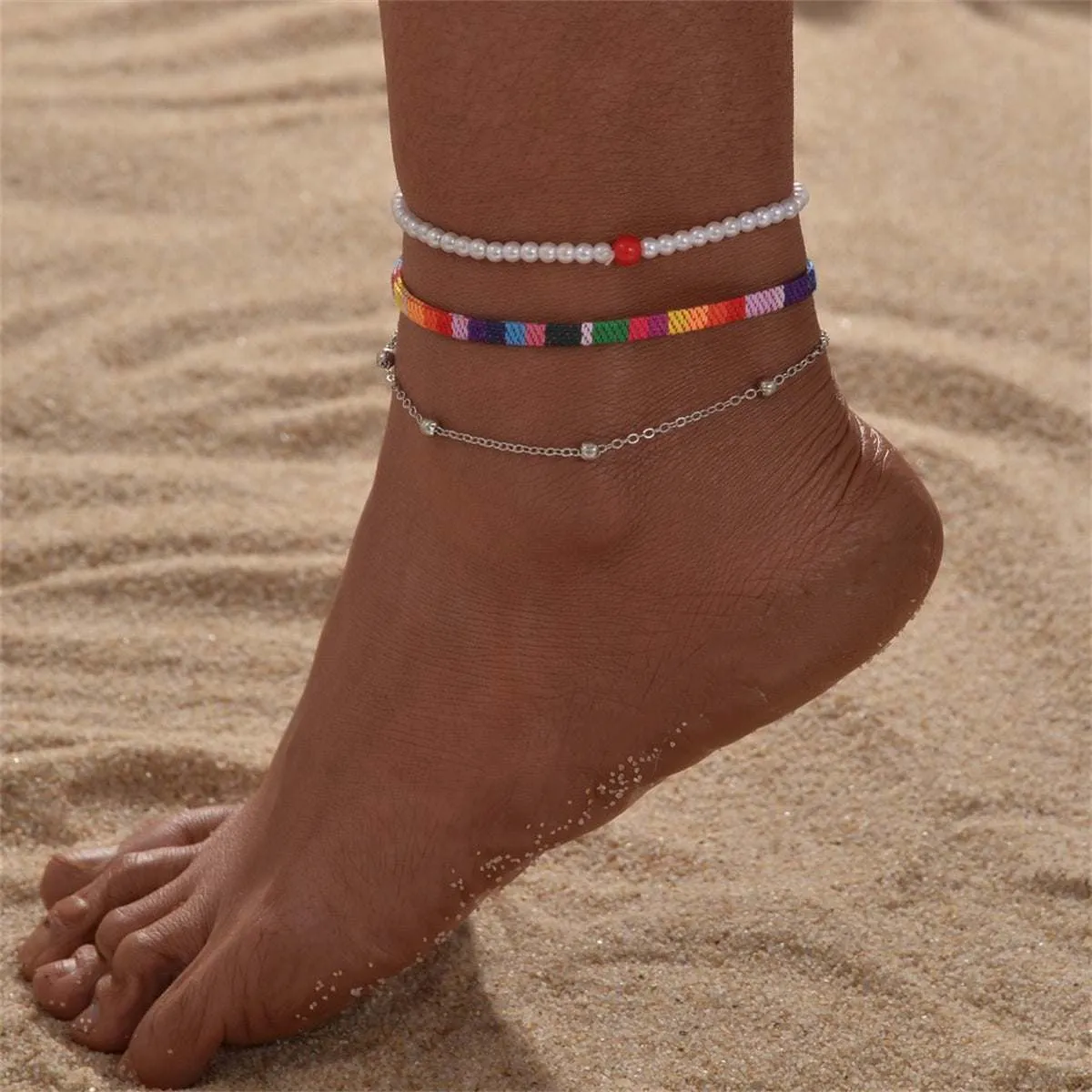 Rainbow Polyster & Pearl Goldtone Beaded Anklet Set sold by Zulily product image thumbnail 2