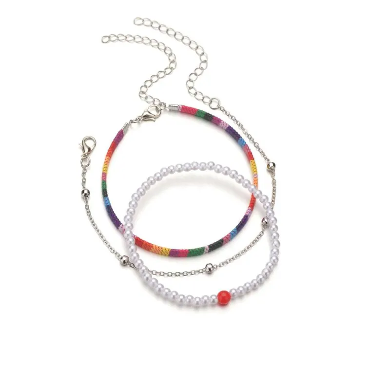 Rainbow Polyster & Pearl Goldtone Beaded Anklet Set made by Zulily