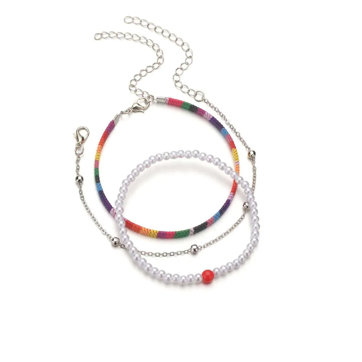 Rainbow Polyster & Pearl Goldtone Beaded Anklet Set sold by Zulily
