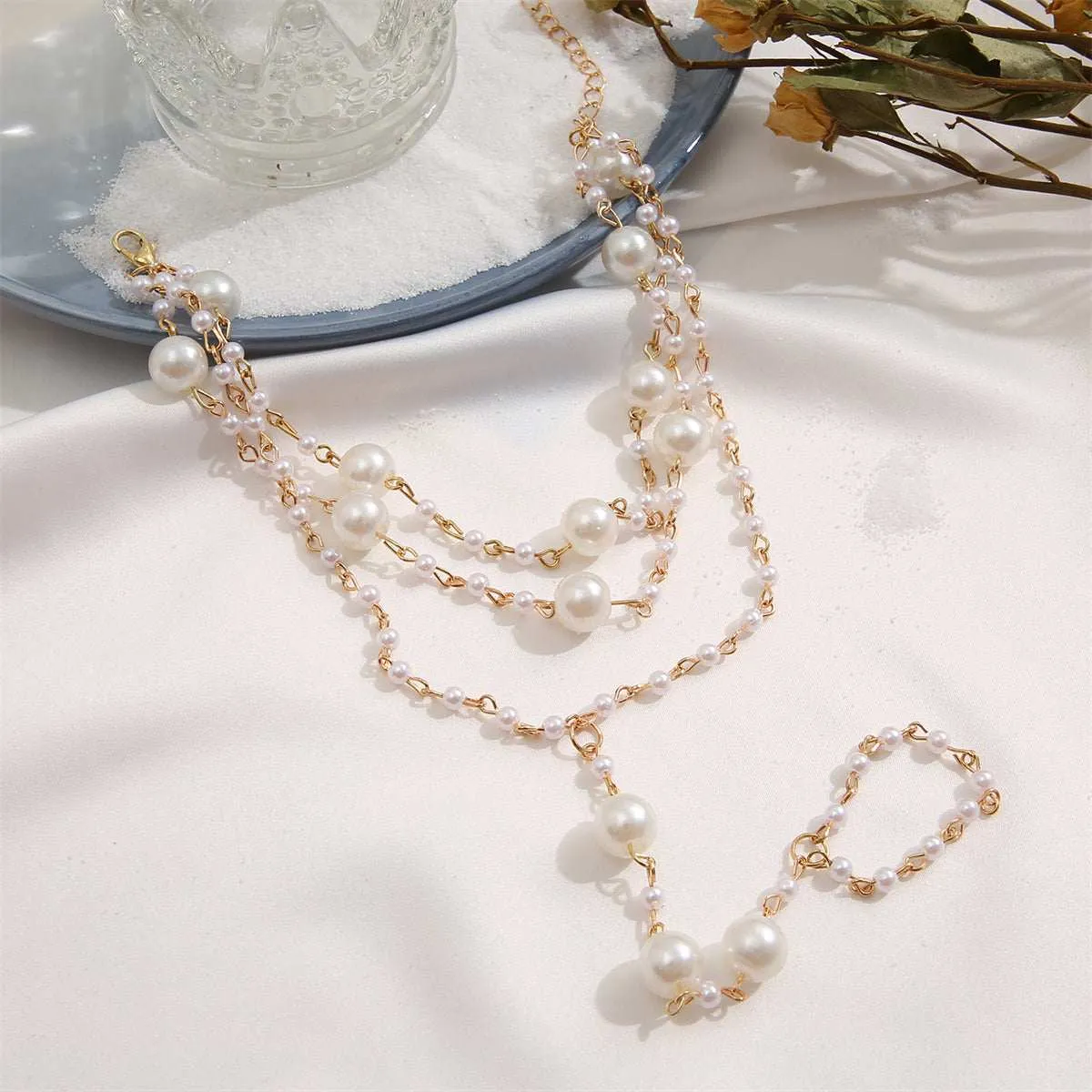 White Pearl & Goldtone Layered Toe Ring Anklet sold by Zulily product image thumbnail 3