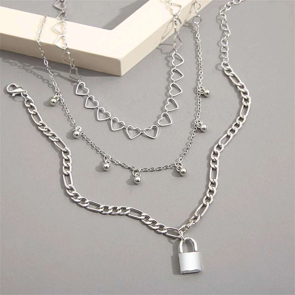 Silvertone Heart Chain Lock Charm Anklet Set sold by Zulily product image thumbnail 2