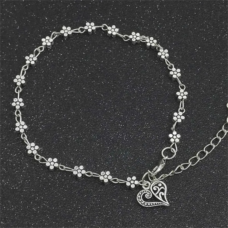 Silvertone Flower Station Heart Charm Anklet made by Zulily