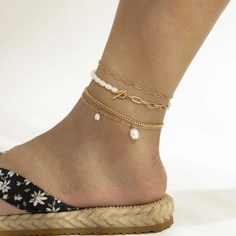 Pearl & Goldtone Four-Piece Toggle Anklet Set made by Zulily