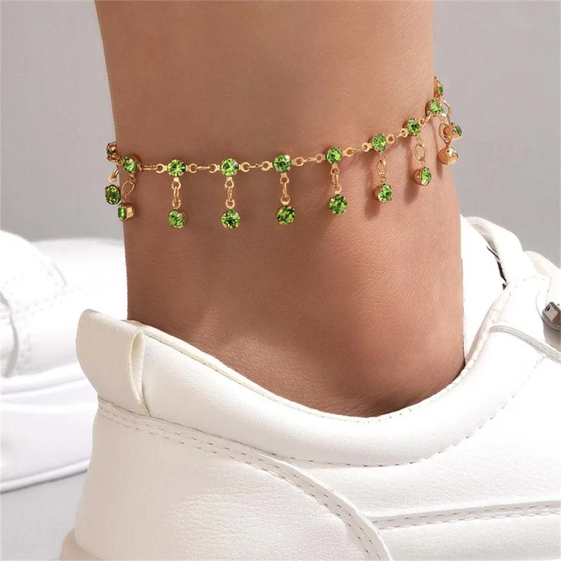 Green Cubic Zirconia & Goldtone Tassel Anklet made by Zulily