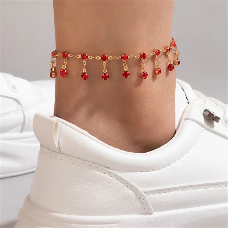 Red Cubic Zirconia & Goldtone Tassel Anklet made by Zulily