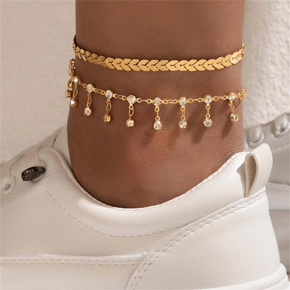 Cubic Zirconia & Goldtone Wheat Anklet Set sold by Zulily
