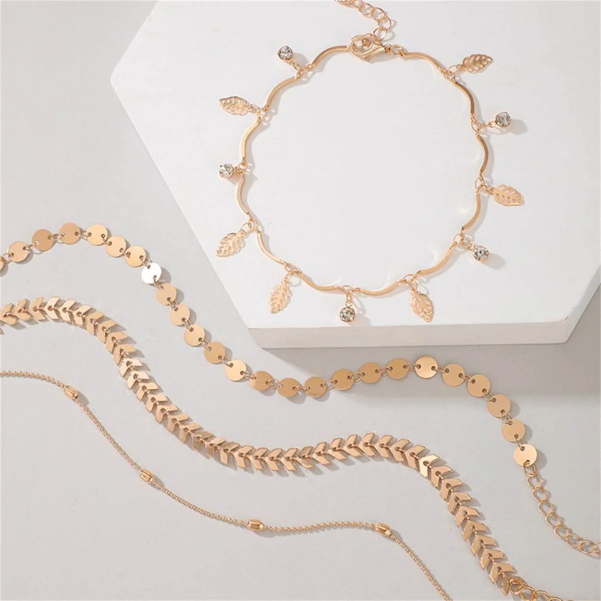 Cubic Zirconia & Goldtone Leaves Station Anklet Set sold by Zulily product image thumbnail 3