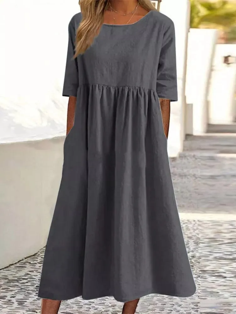 Plus Size Cotton Linen Midi Dress | Round Neck Pocket Dress sold by Zulily product image thumbnail 4