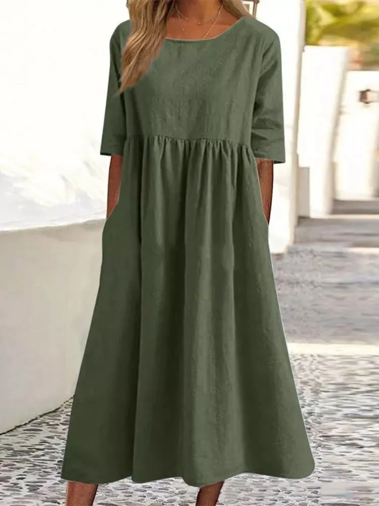 Plus Size Cotton Linen Midi Dress | Round Neck Pocket Dress sold by Zulily product image thumbnail 2