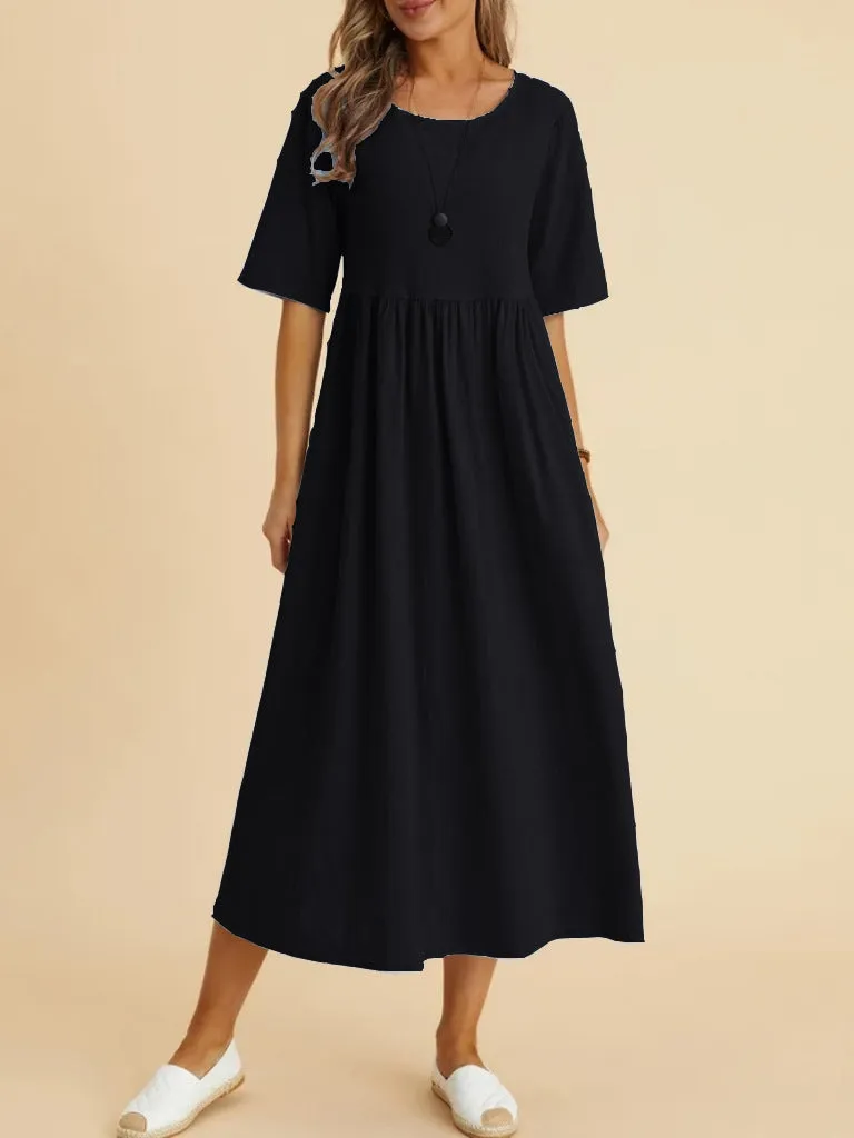 Plus Size Cotton Linen Midi Dress | Round Neck Pocket Dress sold by Zulily product image thumbnail 3