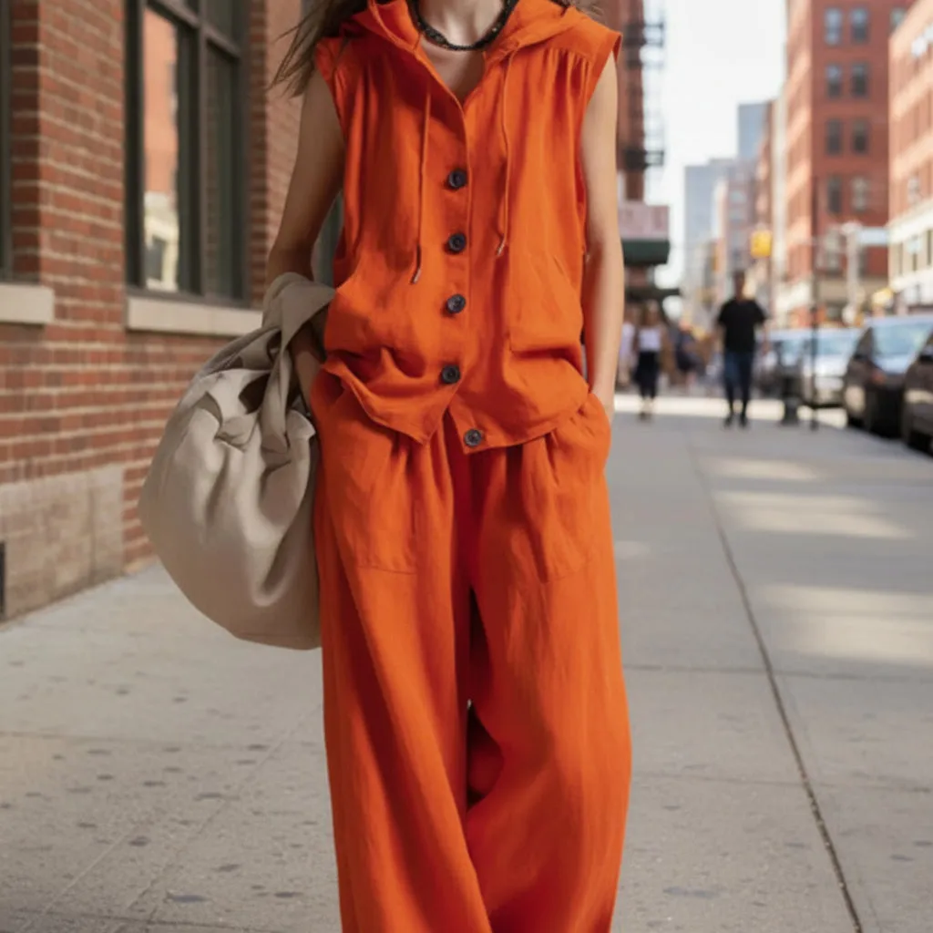 Sleeveless Hooded Top & Wide-Leg Pants Set | High-Waist Two-Piece sold by Zulily