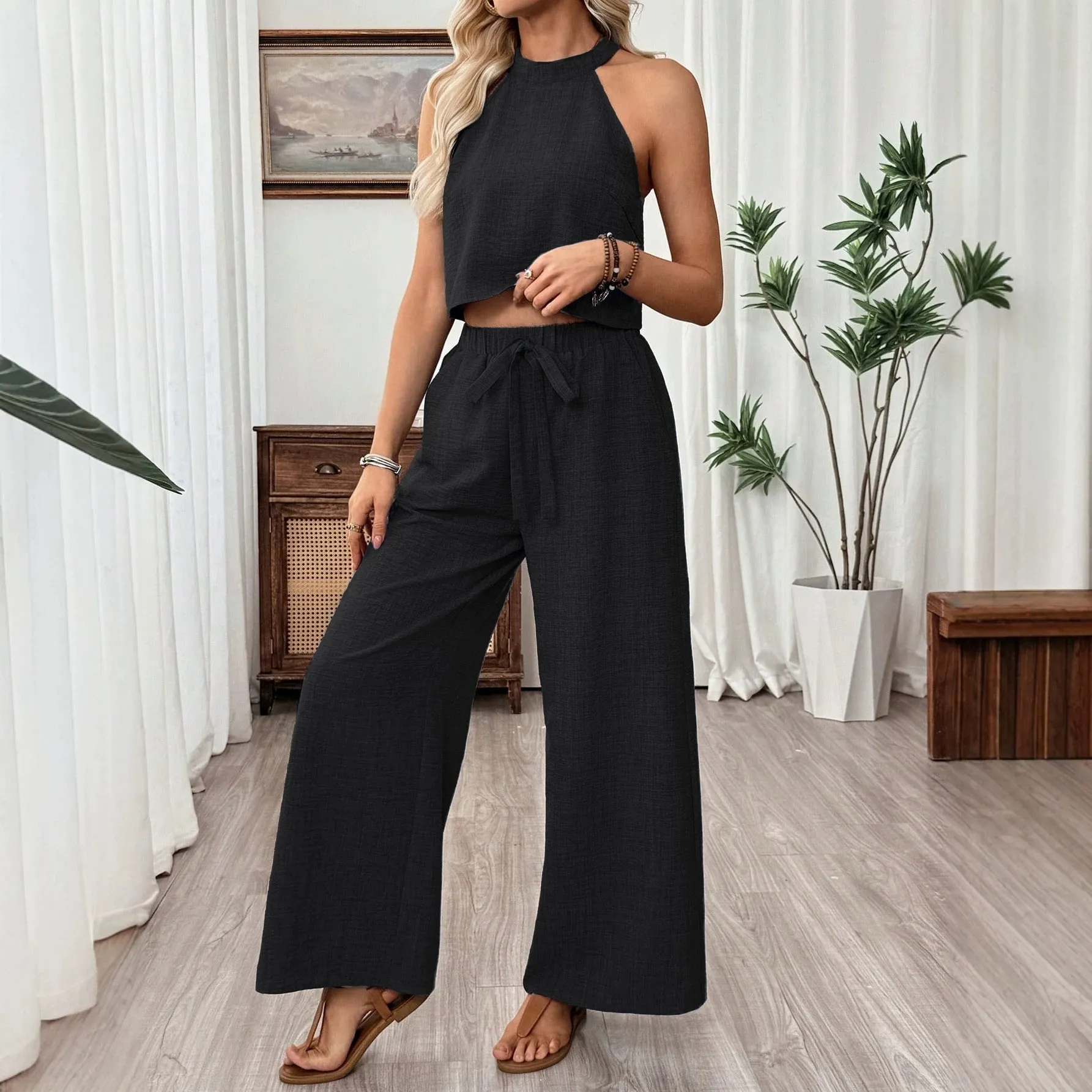 Women's Halter Neck Cropped Top & Wide-Leg Pants Two-Piece Set sold by Zulily product image thumbnail 5