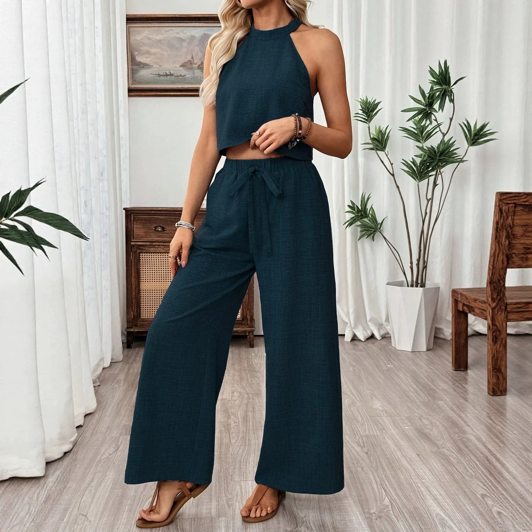 Women's Halter Neck Cropped Top & Wide-Leg Pants Two-Piece Set sold by Zulily product image thumbnail 2