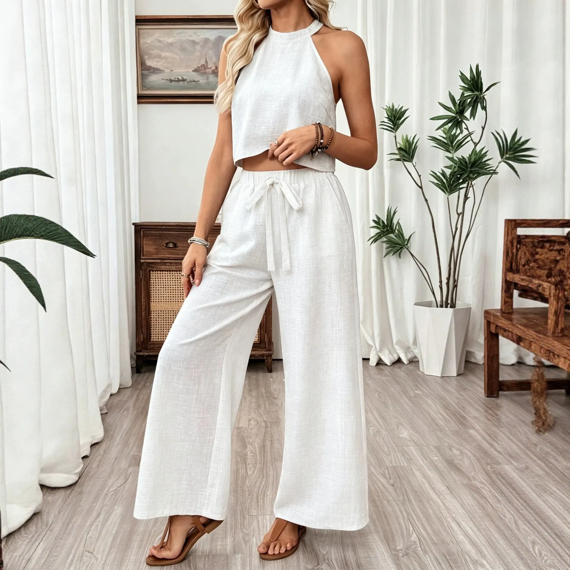 Women's Halter Neck Cropped Top & Wide-Leg Pants Two-Piece Set sold by Zulily product image thumbnail 4