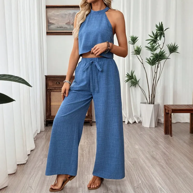 Women's Halter Neck Cropped Top & Wide-Leg Pants Two-Piece Set made by Zulily